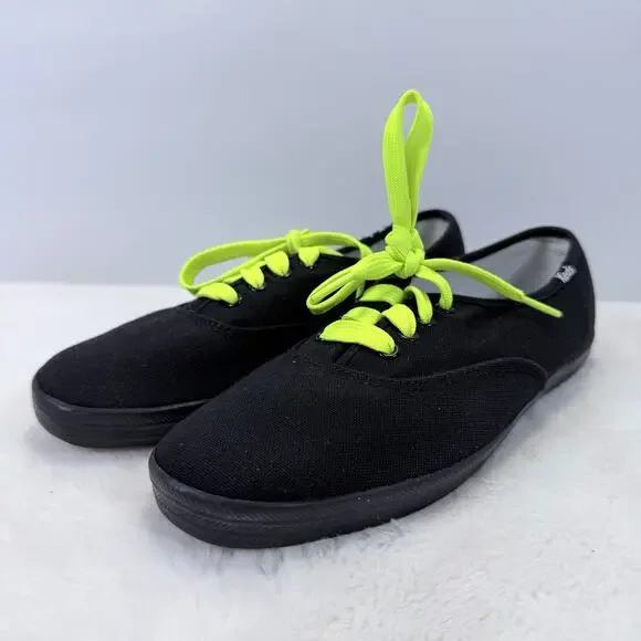 Keds Women’s Champion Black Canvas Sneakers with Neon Green Laces Size 6 - Picture 2 of 10